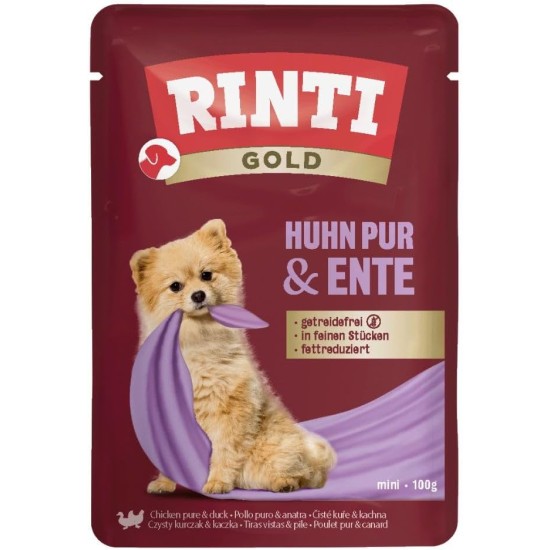 RINTI - Gold | Easily Digestible Wet Food for Small Adult Dogs Complete Food in Fresh Bag without Moulded Meat, Soy or Artificial Additives | 10x100g Pure Chicken + Duck RINTI - Gold | Easily Digestible Wet Food for Small Adult Dogs Complete Food in Fresh Bag without Moulded Meat, Soy or Artificial Additives | 10x100g Pure Chicken + Duck