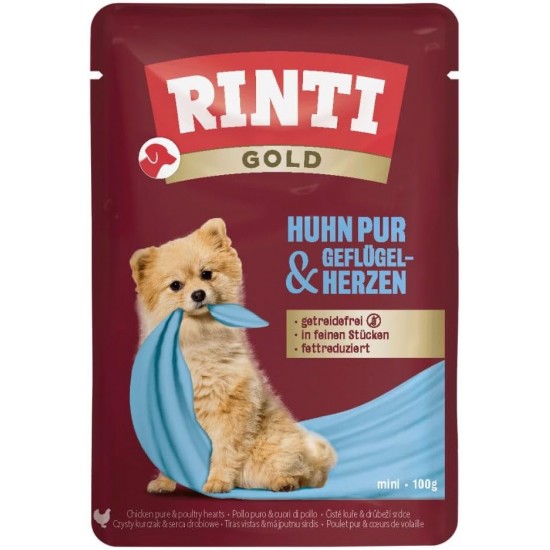 RINTI - Gold | Easily Digestible Wet Food for Small Adult Dogs Complete Food in Fresh Bag without Moulded Meat, Soy or Artificial Additives | 10 x 100 g Pure Chicken + Poultry Hearts RINTI - Gold | Easily Digestible Wet Food for Small Adult Dogs Complete Food in Fresh Bag without Moulded Meat, Soy or Artificial Additives | 10 x 100 g Pure Chicken + Poultry Hearts
