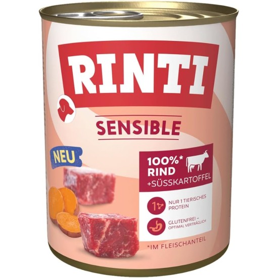 RINTI - Sensitive Wet Food for Sensitive Adult Dogs with Natural Meat Pieces Grain Free Complete Food in a Tin without Artificial Additives 6 x 800 g Beef + Sweet Potato RINTI - Sensitive Wet Food for Sensitive Adult Dogs with Natural Meat Pieces Grain Free Complete Food in a Tin without Artificial Additives 6 x 800 g Beef + Sweet Potato