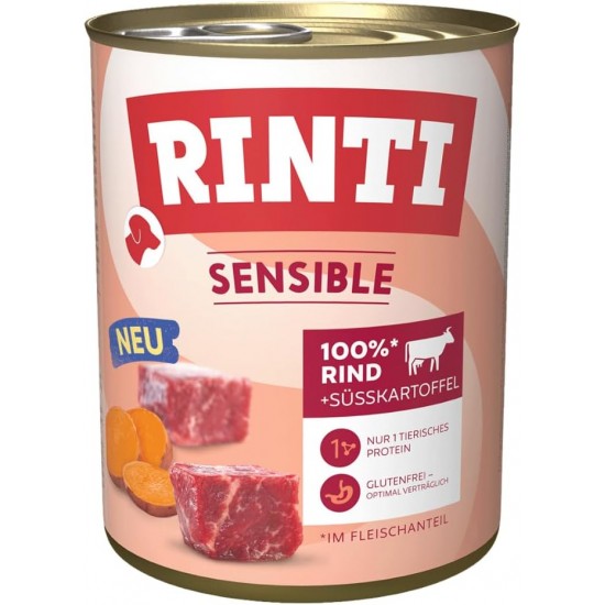 RINTI - Sensitive Wet Food for Sensitive Adult Dogs with Natural Meat Pieces Grain Free Complete Food in a Tin without Artificial Additives 6 x 800 g Beef + Sweet Potato RINTI - Sensitive Wet Food for Sensitive Adult Dogs with Natural Meat Pieces Grain Free Complete Food in a Tin without Artificial Additives 6 x 800 g Beef + Sweet Potato