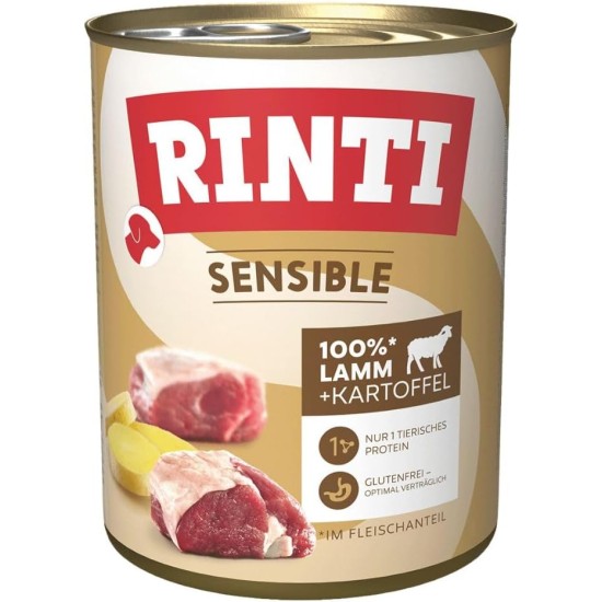 RINTI - Sensitive Wet Food for Sensitive Adult Dogs with Natural Meat Pieces Grain-Free Complete Food in a Tin without Artificial Additives 6 x 800 g Lamb + Potato RINTI - Sensitive Wet Food for Sensitive Adult Dogs with Natural Meat Pieces Grain-Free Complete Food in a Tin without Artificial Additives 6 x 800 g Lamb + Potato