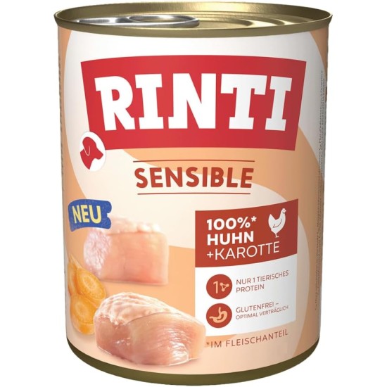 RINTI - Sensitive Wet Food for Sensitive Adult Dogs with Natural Meat Pieces Grain Free Complete Food in a Tin without Artificial Additives 6 x 800 g Chicken + Carrot RINTI - Sensitive Wet Food for Sensitive Adult Dogs with Natural Meat Pieces Grain Free Complete Food in a Tin without Artificial Additives 6 x 800 g Chicken + Carrot