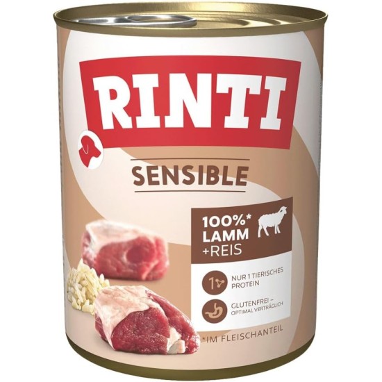 RINTI - Sensitive Wet Food for Sensitive Adult Dogs with Natural Meat Pieces Grain Free Complete Food in a Tin without Artificial Additives 6 x 800 g Lamb + Rice RINTI - Sensitive Wet Food for Sensitive Adult Dogs with Natural Meat Pieces Grain Free Complete Food in a Tin without Artificial Additives 6 x 800 g Lamb + Rice