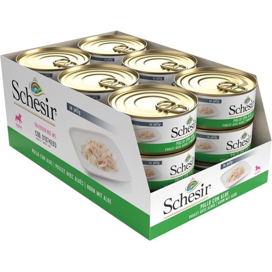 Schesir, Aloe Flavoured Wet Puppy Food Prepared in Soft Jelly Total 2.7kg (18 Cans of 150g) Schesir, Aloe Flavoured Wet Puppy Food Prepared in Soft Jelly Total 2.7kg (18 Cans of 150g)