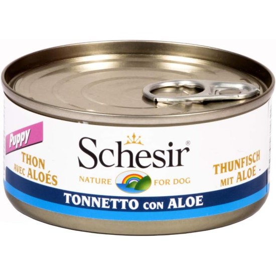 Schesir, Aloe Flavoured Wet Puppy Food Prepared in Soft Jelly Total 2.7kg (18 Cans of 150g) Schesir, Aloe Flavoured Wet Puppy Food Prepared in Soft Jelly Total 2.7kg (18 Cans of 150g)