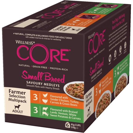 Wellness Core Small Breed Dogs Savoury Medleys Wet Grain-Free Food, Butcher Selection Multipack, 6 x 85 g Cups Wellness Core Small Breed Dogs Savoury Medleys Wet Grain-Free Food, Butcher Selection Multipack, 6 x 85 g Cups