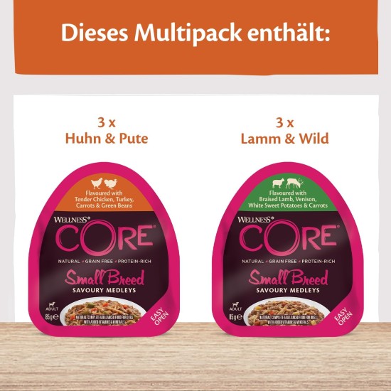 Wellness Core Small Breed Dogs Savoury Medleys Wet Grain-Free Food, Butcher Selection Multipack, 6 x 85 g Cups Wellness Core Small Breed Dogs Savoury Medleys Wet Grain-Free Food, Butcher Selection Multipack, 6 x 85 g Cups