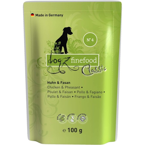 Wet Dog Food - N° 4 Chicken & Pheasant - Delicatessen Wet Food for Dogs & Puppies - Grain-Free & Sugar-Free - High Meat Content, 12 x 100 g Bags Wet Dog Food - N° 4 Chicken & Pheasant - Delicatessen Wet Food for Dogs & Puppies - Grain-Free & Sugar-Free - High Meat Content, 12 x 100 g Bags
