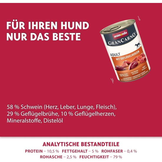 animonda GranCarno Adult Dog Food, Wet Food for Adult Dogs, with Poultry Hearts, 6 x 400 g animonda GranCarno Adult Dog Food, Wet Food for Adult Dogs, with Poultry Hearts, 6 x 400 g