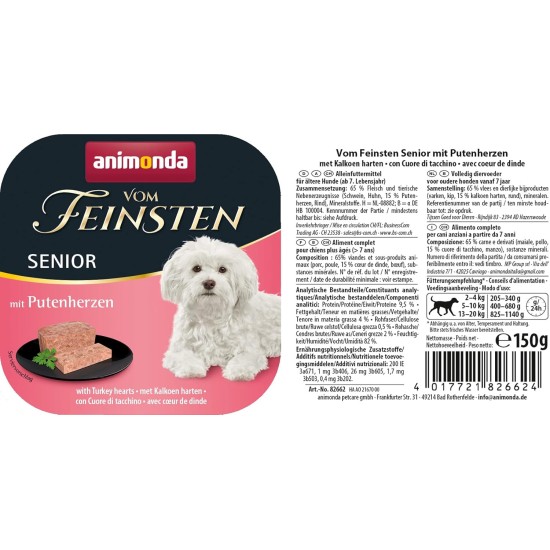 animonda the finest senior wet dog food with poultry and lamb (6 x 150 g), dog food from 7 years by animonda, without cereals and sugar, with fresh, meat ingredients animonda the finest senior wet dog food with poultry and lamb (6 x 150 g), dog food from 7 years by animonda, without cereals and sugar, with fresh, meat ingredients