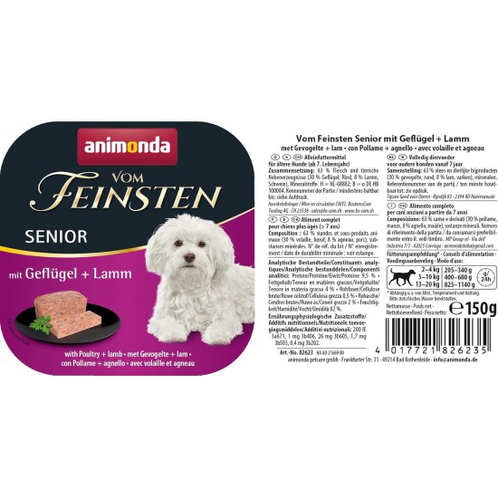 animonda the finest senior wet dog food with poultry and lamb (6 x 150 g), dog food from 7 years by animonda, without cereals and sugar, with fresh, meat ingredients animonda the finest senior wet dog food with poultry and lamb (6 x 150 g), dog food from 7 years by animonda, without cereals and sugar, with fresh, meat ingredients