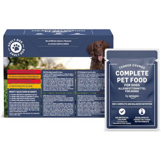 by Amazon Complete Food for Adult Dogs, Meat Selection in Sauce, 4.8 kg (48 Packs of 100 g) by Amazon Complete Food for Adult Dogs, Meat Selection in Sauce, 4.8 kg (48 Packs of 100 g)