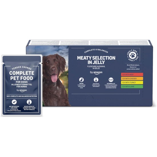 by Amazon Complete Food for Adult Dogs, Meat Selection in Sauce, 4.8 kg (48 Packs of 100 g) by Amazon Complete Food for Adult Dogs, Meat Selection in Sauce, 4.8 kg (48 Packs of 100 g)