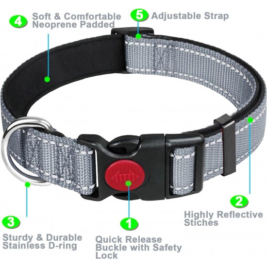 ATETEO Dog Collar, Reflective Adjustable Basic Dog Collar with Soft Neoprene Padding, Durable Nylon Pet Collars for Puppy Small Medium Large Dogs ATETEO Dog Collar, Reflective Adjustable Basic Dog Collar with Soft Neoprene Padding, Durable Nylon Pet Collars for Puppy Small Medium Large Dogs