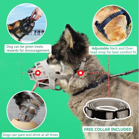BARKLESS Dog Muzzle, Soft Silicone Basket Muzzle for Dogs, Allows Panting and Drinking, Prevents Unwanted Barking, Biting and Chewing, Includes Collar and Training Guide BARKLESS Dog Muzzle, Soft Silicone Basket Muzzle for Dogs, Allows Panting and Drinking, Prevents Unwanted Barking, Biting and Chewing, Includes Collar and Training Guide