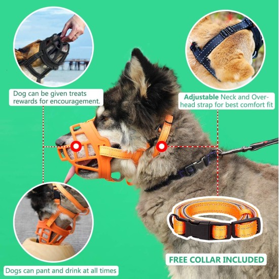 BARKLESS Dog Muzzle, Soft Silicone Basket Muzzle for Dogs, Allows Panting and Drinking, Prevents Unwanted Barking, Biting and Chewing, Includes Collar and Training Guide BARKLESS Dog Muzzle, Soft Silicone Basket Muzzle for Dogs, Allows Panting and Drinking, Prevents Unwanted Barking, Biting and Chewing, Includes Collar and Training Guide