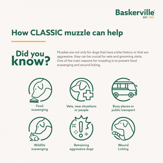 BASKERVILLE CLASSIC MUZZLE - Allows Panting and Drinking, Prevents Biting and Browsing for Food, Ideal for Dogs with Long Noses, Training Muzzle for Medium Dogs (Size 7) BASKERVILLE CLASSIC MUZZLE - Allows Panting and Drinking, Prevents Biting and Browsing for Food, Ideal for Dogs with Long Noses, Training Muzzle for Medium Dogs (Size 7)