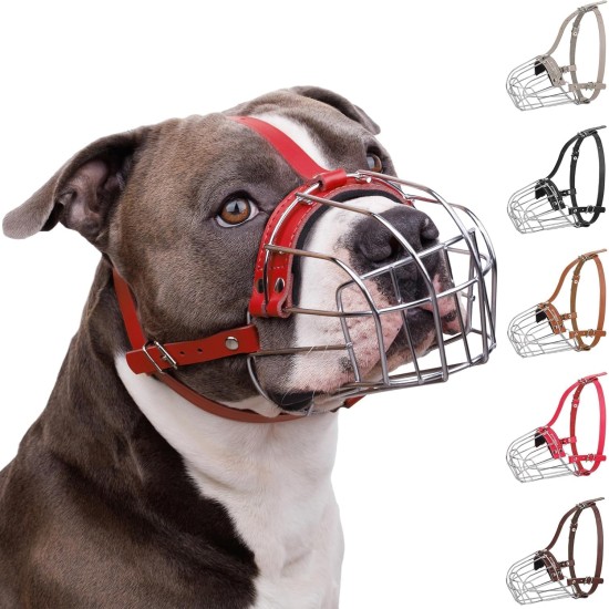 BRONZEDOG Dog Muzzle Metal Mask for Amstaff Pitbull Adjustable Leather Straps for Large Dogs, Brown (Pink, One Size) BRONZEDOG Dog Muzzle Metal Mask for Amstaff Pitbull Adjustable Leather Straps for Large Dogs, Brown (Pink, One Size)