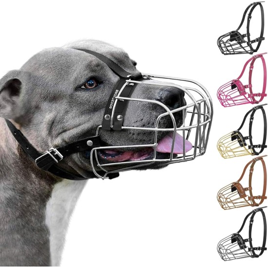 BRONZEDOG Dog Muzzle Metal Mask for Amstaff Pitbull Adjustable Leather Straps for Large Dogs, Brown (Steel, One Size) BRONZEDOG Dog Muzzle Metal Mask for Amstaff Pitbull Adjustable Leather Straps for Large Dogs, Brown (Steel, One Size)