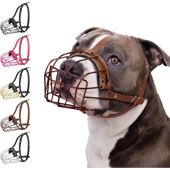 BRONZEDOG Metal Dog Muzzle - Amstaff Wire Basket with Adjustable Leather Straps for Large Dogs BRONZEDOG Metal Dog Muzzle - Amstaff Wire Basket with Adjustable Leather Straps for Large Dogs