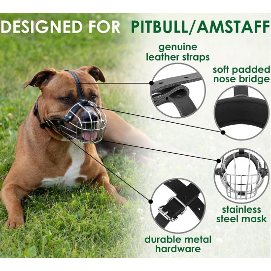 BRONZEDOG Metal Dog Muzzle - Amstaff Wire Basket with Adjustable Leather Straps for Large Dogs BRONZEDOG Metal Dog Muzzle - Amstaff Wire Basket with Adjustable Leather Straps for Large Dogs