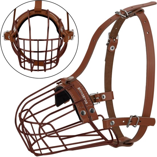 BRONZEDOG Metal Dog Muzzle - Amstaff Wire Basket with Adjustable Leather Straps for Large Dogs BRONZEDOG Metal Dog Muzzle - Amstaff Wire Basket with Adjustable Leather Straps for Large Dogs