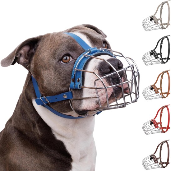 BRONZEDOG Metal Dog Muzzle - Amstaff Wire Basket with Adjustable Leather Straps for Large Dogs BRONZEDOG Metal Dog Muzzle - Amstaff Wire Basket with Adjustable Leather Straps for Large Dogs