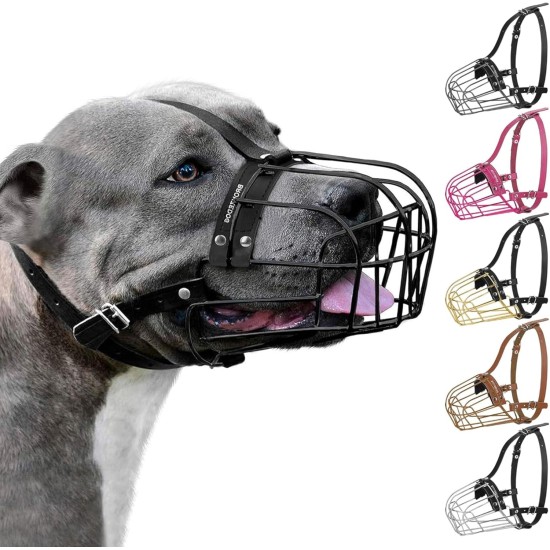 BRONZEDOG Metal Dog Muzzle - Amstaff Wire Basket with Adjustable Leather Straps for Large Dogs BRONZEDOG Metal Dog Muzzle - Amstaff Wire Basket with Adjustable Leather Straps for Large Dogs
