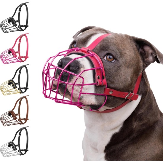 BRONZEDOG Metal Dog Muzzle - Amstaff Wire Basket with Adjustable Leather Straps for Large Dogs
