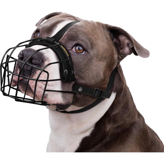 BRONZEDOG Pitbull Dog Muzzle Breathable Metal Basket for Large Dogs, Amstaff Staffordshire Terrier, Bite, Chew, Barking Nylon (Black, One Size) BRONZEDOG Pitbull Dog Muzzle Breathable Metal Basket for Large Dogs, Amstaff Staffordshire Terrier, Bite, Chew, Barking Nylon (Black, One Size)