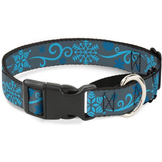 Buckle-Down Holiday Snowflakes Martingale Dog Collar, 1.5" wide to fit 13" - 18" neck, Grey & Blue