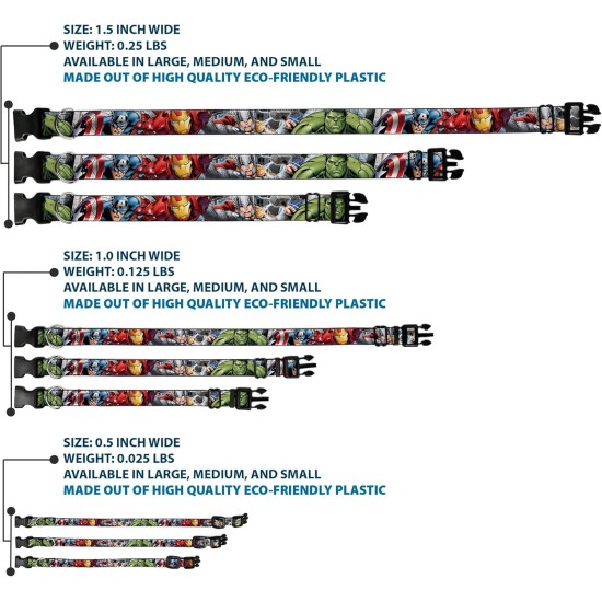 Buckle-Down Marvel Avengers Plastic Collar Band 4 Superhero Floats Close-Up 1" Wide Fits 15-26" Neck Large Buckle-Down Marvel Avengers Plastic Collar Band 4 Superhero Floats Close-Up 1" Wide Fits 15-26" Neck Large
