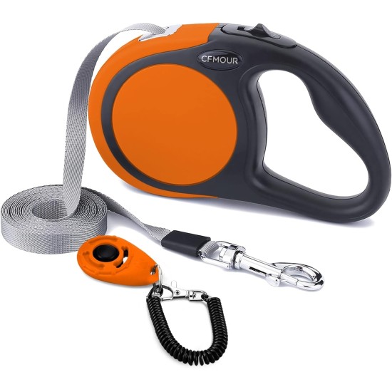 CFMOUR Retractable Dog Leash, 5M/50KG, Orange, Heavy Duty Extendable for Medium to Large Dogs; Strong Nylon Strap, One Button Brake and Latch, Bonus Training Clicker CFMOUR Retractable Dog Leash, 5M/50KG, Orange, Heavy Duty Extendable for Medium to Large Dogs; Strong Nylon Strap, One Button Brake and Latch, Bonus Training Clicker