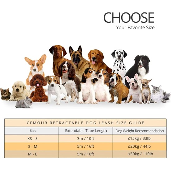 CFMOUR Retractable Dog Leash, 5M/50KG, Orange, Heavy Duty Extendable for Medium to Large Dogs; Strong Nylon Strap, One Button Brake and Latch, Bonus Training Clicker CFMOUR Retractable Dog Leash, 5M/50KG, Orange, Heavy Duty Extendable for Medium to Large Dogs; Strong Nylon Strap, One Button Brake and Latch, Bonus Training Clicker