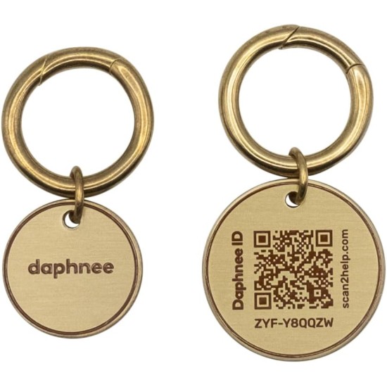 DAPHNEE ID TAG Brass Dog Tags with QR Code, Pet Online Profile, Scan the QR Instantly Receive a Pet Location Notification, Real Time Controllable via App ('daphne', L - 26 mm) DAPHNEE ID TAG Brass Dog Tags with QR Code, Pet Online Profile, Scan the QR Instantly Receive a Pet Location Notification, Real Time Controllable via App ('daphne', L - 26 mm)