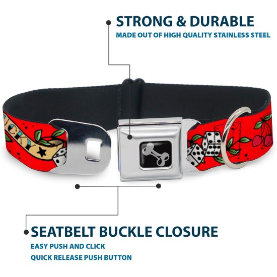 Dog Collar, Seatbelt Buckle, Lucky Red, 18" to 32", 1.5" Wide Dog Collar, Seatbelt Buckle, Lucky Red, 18" to 32", 1.5" Wide