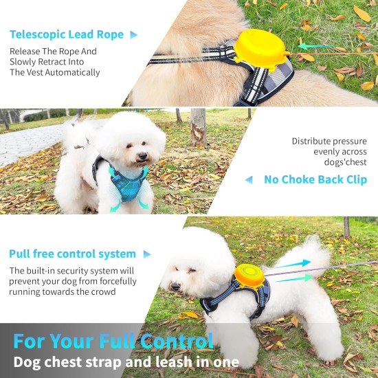 Dog Harness and Lead, Dog Harness with 1.8 m Retractable Multifunction Dog Lead with One Button Control, One Hand Brake, Tangle Free, Small Dog Harness and Lead, Dog Harness with 1.8 m Retractable Multifunction Dog Lead with One Button Control, One Hand Brake, Tangle Free, Small
