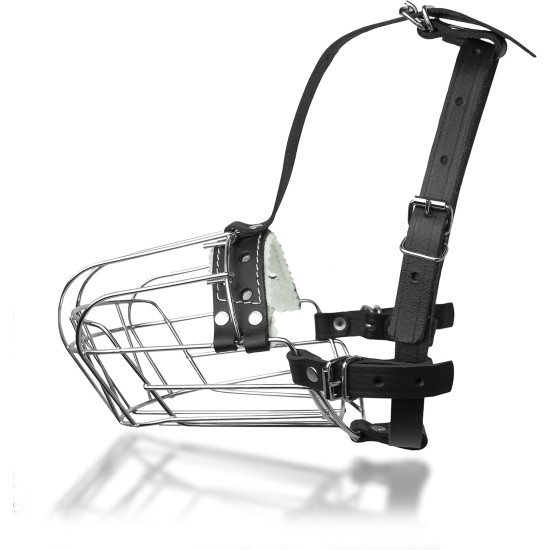 Dog Muzzle Chrome Plated Metal Dog Muzzle with Adjustable Leather Straps (No.5+) Circumference 12-13 inches Length 4.7-5.1 inches Dog Muzzle Chrome Plated Metal Dog Muzzle with Adjustable Leather Straps (No.5+) Circumference 12-13 inches Length 4.7-5.1 inches