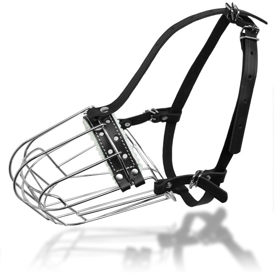 Dog Muzzle Chrome Plated Metal Dog Muzzle with Adjustable Leather Straps (No.5+) Circumference 12-13 inches Length 4.7-5.1 inches Dog Muzzle Chrome Plated Metal Dog Muzzle with Adjustable Leather Straps (No.5+) Circumference 12-13 inches Length 4.7-5.1 inches
