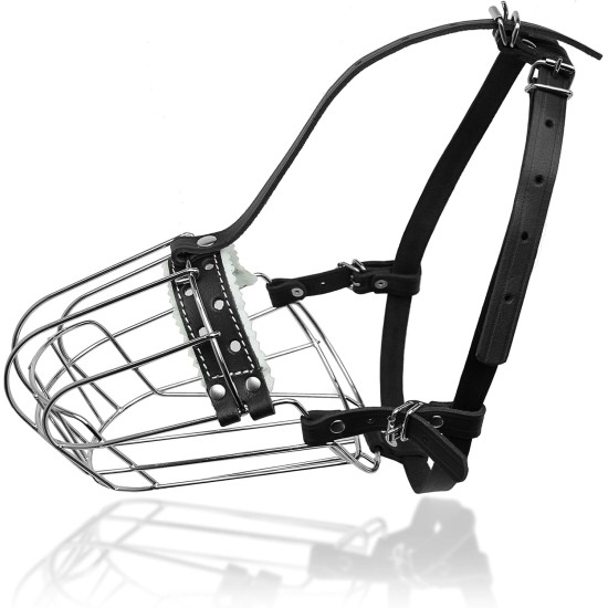 Dog Muzzle Chrome Plated Metal Dog Muzzle with Adjustable Leather Straps (No.5+) Circumference 12-13 inches Length 4.7-5.1 inches Dog Muzzle Chrome Plated Metal Dog Muzzle with Adjustable Leather Straps (No.5+) Circumference 12-13 inches Length 4.7-5.1 inches