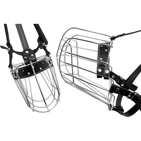 Dog Muzzle Chrome Plated Metal Dog Muzzle with Adjustable Leather Straps (No.5+) Circumference 12-13 inches Length 4.7-5.1 inches Dog Muzzle Chrome Plated Metal Dog Muzzle with Adjustable Leather Straps (No.5+) Circumference 12-13 inches Length 4.7-5.1 inches