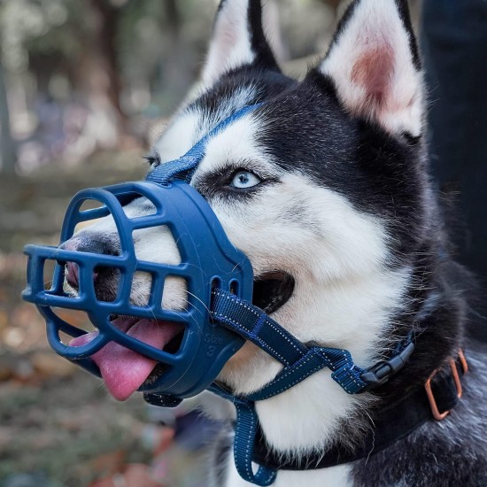 Dog Muzzle Soft Basket Silicone Muzzles for Dogs, Prevent Biting, Chewing and Barking, Allows Drinking and Panting, Used with Collar (Blue, 5 (Snout 12"-13.7")