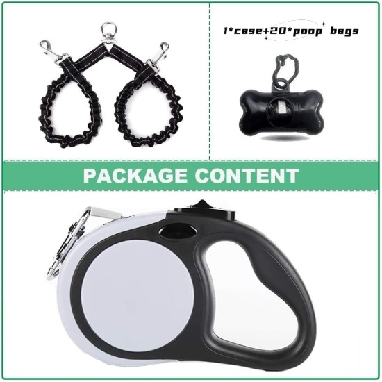 Double Retractable Dog Leash for Small Breeds (up to 50kg) - Double Headed 16ft Extendable Pet Leash with Poop Bags, Reflective Elastic Rope - One Key Control 360° Double Retractable Dog Leash for Small Breeds (up to 50kg) - Double Headed 16ft Extendable Pet Leash with Poop Bags, Reflective Elastic Rope - One Key Control 360°