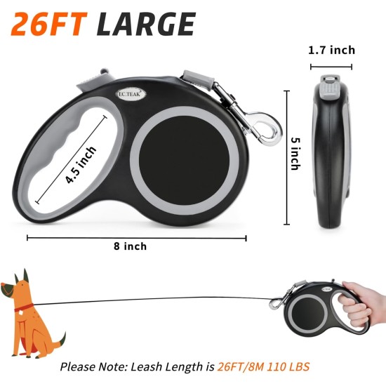 EC.TEAK Retractable Dog Leash, 26 Feet, Heavy Duty Dog Leash for Dogs up to 110 lbs, Strong Nylon Strap, Tangle Free, One Hand Brake, Pause, Locking, Perfect for Medium and Large Dogs EC.TEAK Retractable Dog Leash, 26 Feet, Heavy Duty Dog Leash for Dogs up to 110 lbs, Strong Nylon Strap, Tangle Free, One Hand Brake, Pause, Locking, Perfect for Medium and Large Dogs