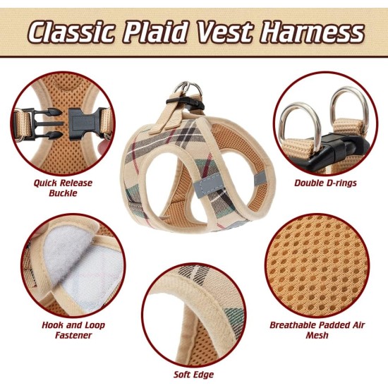 EXPAWLORER Puppy Harness and Leash for Small Dogs, Classic Plaid Pattern No Pull Adjustable Escape Proof for Outdoor Walking EXPAWLORER Puppy Harness and Leash for Small Dogs, Classic Plaid Pattern No Pull Adjustable Escape Proof for Outdoor Walking
