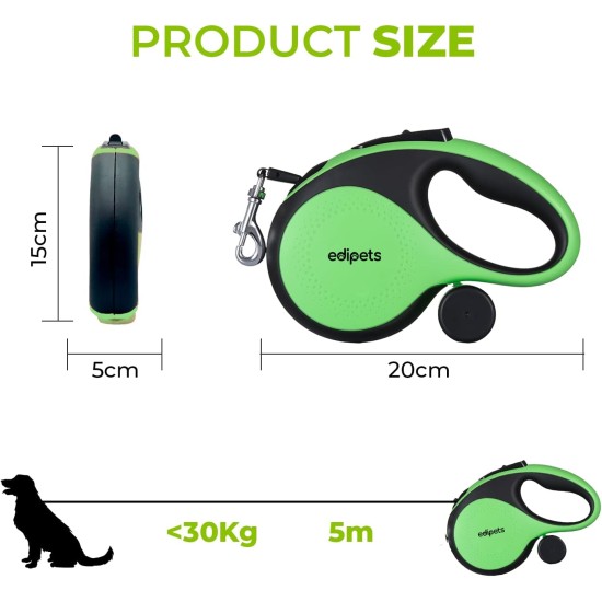 Edipets, Dog Lead, Extendable and Retractable Lead, 5M, 8M, Flexible Training Walking Leash for Small Medium Large Dogs (Green, 5M) Edipets, Dog Lead, Extendable and Retractable Lead, 5M, 8M, Flexible Training Walking Leash for Small Medium Large Dogs (Green, 5M)