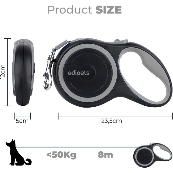 Edipets, Retractable Dog Lead, 3, 5 and 8 Metres, Flexible Band for Right and Walks, Dog Leash, Roller, Flexible Lead, Retractable (Grey, 8 Metres) Edipets, Retractable Dog Lead, 3, 5 and 8 Metres, Flexible Band for Right and Walks, Dog Leash, Roller, Flexible Lead, Retractable (Grey, 8 Metres)