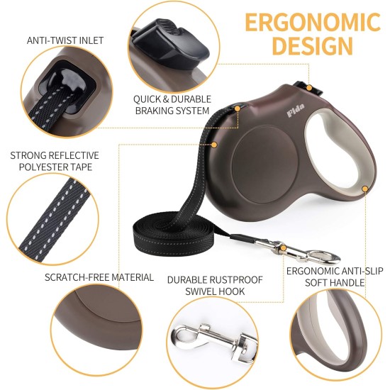 Fida Retractable Dog Leash, 16 ft Dog Walking Leash for Small Dogs up to 26lbs, 360¡ã Tangle Coffee/Brown Fida Retractable Dog Leash, 16 ft Dog Walking Leash for Small Dogs up to 26lbs, 360¡ã Tangle Coffee/Brown