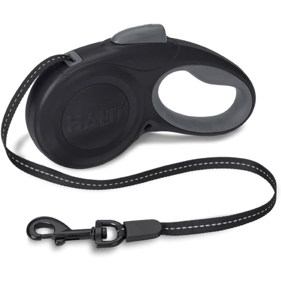 HALTI Retractable Dog Lead with Reflective Fabric, Ergonomic Soft Gel Handle and Patented Single Step Lock. Suitable for Medium Dogs (Medium, Black) HALTI Retractable Dog Lead with Reflective Fabric, Ergonomic Soft Gel Handle and Patented Single Step Lock. Suitable for Medium Dogs (Medium, Black)