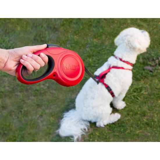HALTI Retractable Dog Lead with Reflective Fabric, Ergonomic Soft Gel Handle and Patented Single Step Lock. Suitable for Medium Dogs (Medium, Black) HALTI Retractable Dog Lead with Reflective Fabric, Ergonomic Soft Gel Handle and Patented Single Step Lock. Suitable for Medium Dogs (Medium, Black)